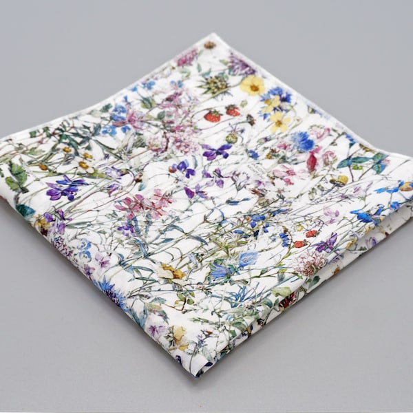 Liberty Floral Pocket Square, Wild Flowers Strawberry Print Wedding Handkerchief for Groom or Groomsmen, Botanical Gift