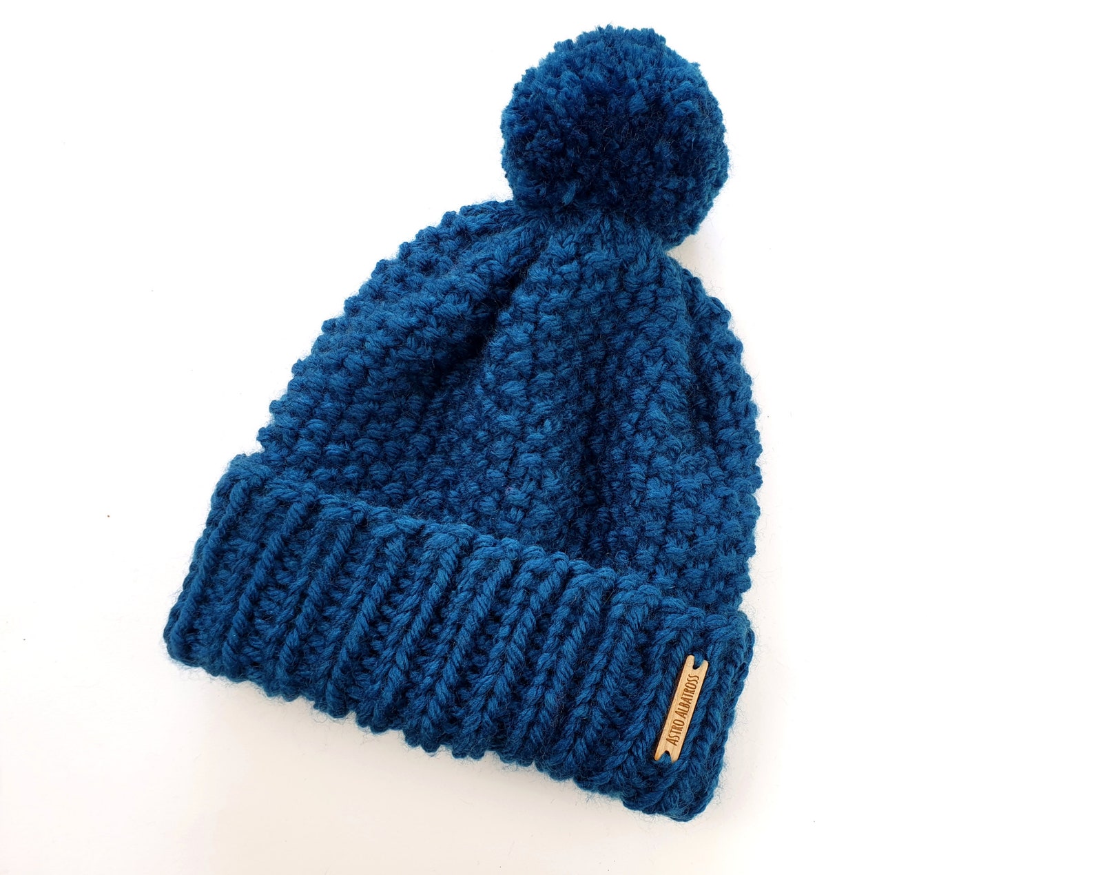 Teal Blue Bobble Hat Super Chunky Knitted Adult Hat Handknit Etsy