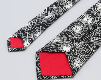 Glow In The Dark Spider Web Tie, Black and White Halloween Necktie - Matching Pocket Square and Cufflinks Available, Handmade in the UK