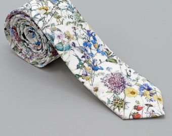 Floral Wedding Tie: Liberty of London Wildflower Print, Handstitched Cotton Necktie