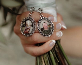 Linked Memorial Pendants with Ribbon/Pin - Made to Order with your Photo |Wedding Bouquet Charm | Bride, Groom | Custom