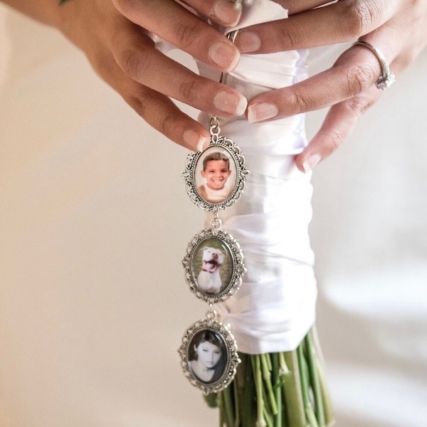 Linked Memorial Pendants with Ribbon/Pin - Made to Order with your Photo |Wedding Bouquet Charm | Bride, Groom | Custom