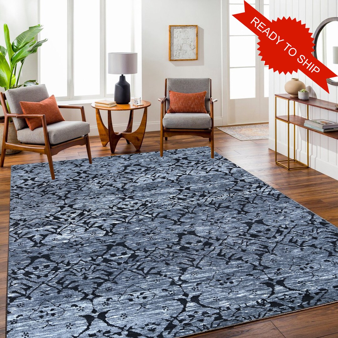 Hand Knotted Black & White Wool Area Rug 8x10 Etsy