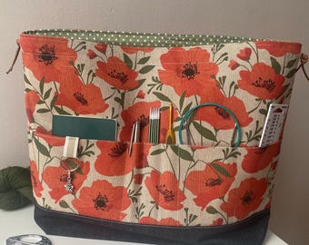 Large Cotton Canvas Drawstring Project Bag: 6 front pockets and sturdy denim base tote.