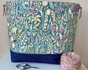 Large Cotton Canvas Drawstring Project Bag: 6 front pockets and sturdy denim base tote.