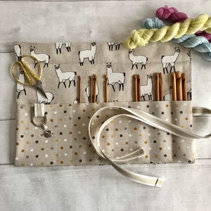 Crochet Hook Roll or DPNs (6”) Needle Case with stitch marker ring and 9 pockets. Perfect crafting gift