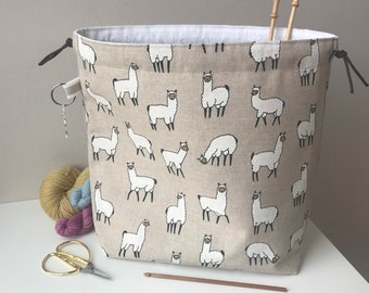 Craft project bag, perfect for knitting, crochet, yarn and other crafts. Handmade drawstring cotton bag