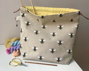 Bee print craft project bag, perfect for knitting, crochet, yarn and other crafts. Handmade drawstring cotton bag