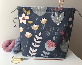 Floral print cotton canvas craft project bag. Perfect for knitting, crochet, yarn and other crafts. Handmade cotton drawstring bag
