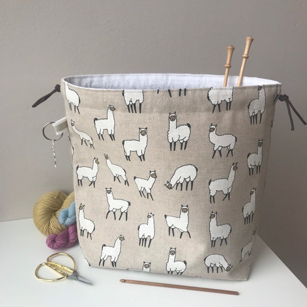 Craft project bag, perfect for knitting, crochet, yarn and other crafts. Handmade drawstring cotton bag