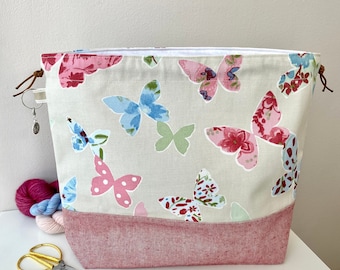 Butterfly Cotton Canvas Craft Project Bag. Perfect for knitting, crochet, yarn and other crafts. Handmade cotton drawstring bag