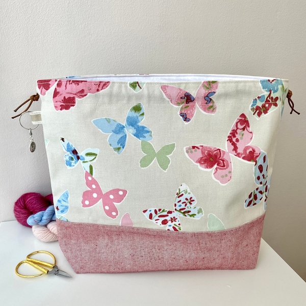 Butterfly Cotton Canvas Craft Project Bag. Perfect for knitting, crochet, yarn and other crafts. Handmade cotton drawstring bag