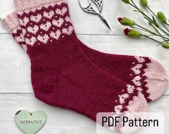 Heart Warming Socks -  PDF Knitting Pattern - Digital download. Sock knitting pattern, colour work knitting.