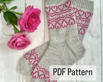 Galentine Socks - PDF Knitting Pattern - Digital download. Sock knitting pattern, colour work knitting.