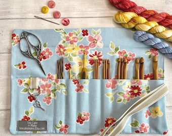 Crochet Hook Roll or 6" DPN Case with stitch marker ring and 9 pockets. Perfect crafting gift