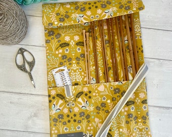 Ochre Floral Knitting Needle Case with stitch marker ring and 7 pockets. Canvas knitting needle roll and organiser. Great knitting gift
