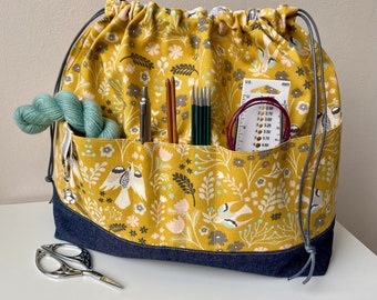 Floral and Bird Print Cotton Canvas Project Bag: Large tote with a denim base and front pockets. Perfect for knitting and crocheting