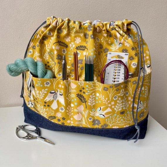 Large Cotton Canvas Floral Drawstring Project Bag. 6 Front