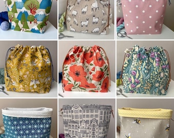 Small Craft Project Bag: various prints available. Perfect for storing small projects such as socks, hats, mittens, toys  24cm x 22cm x 8cm