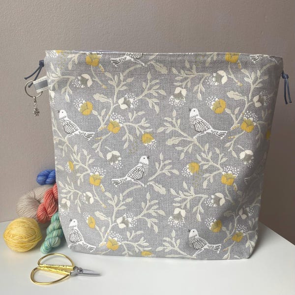 Bolsa de lona de algodón con diseño de pájaros y flores: ideal para tejer, hacer crochet y guardar hilos.