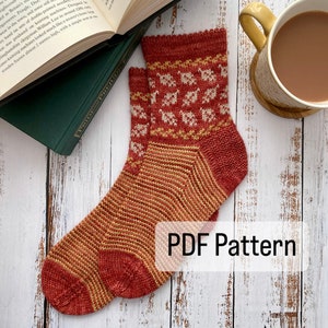 Autumn Retreat Socks - PDF Knitting Pattern - Digital download. Sock knitting pattern, colour work knitting. Handknit socks