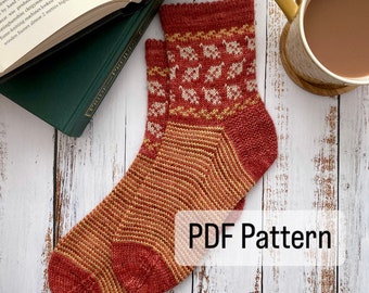 Autumn Retreat Socks - PDF Knitting Pattern - Digital download. Sock knitting pattern, colour work knitting. Handknit socks