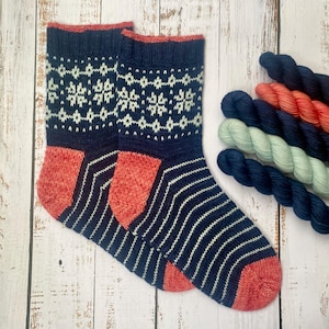 Frosty Night Sock Kit: knitting set including pattern, hand dyed yarn, denim crafter’s pouch and other treats.