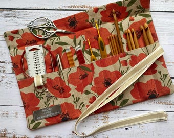 Poppy Print Crochet Hook Roll or DPNs (6”) Needle Case: Handmade canvas craft organiser.