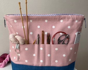 Large Cotton Canvas Spot Print Drawstring Project Bag. 6 front pockets and denim base. Perfect for knitting, crochet, yarn and other crafts.