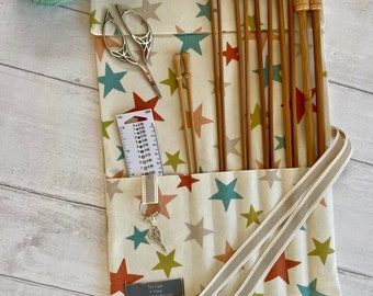 Knitting Needle Case with stitch marker ring and 7 pockets. Canvas knitting needle roll and organiser. Great knitting gift