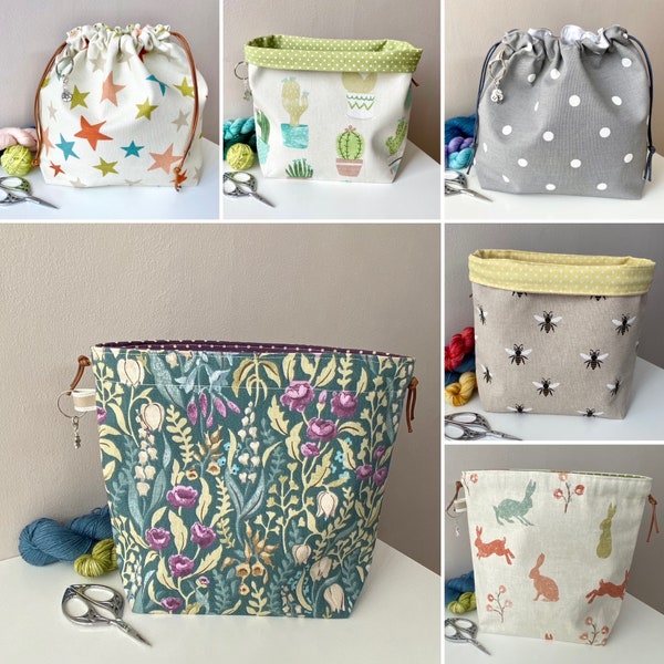 Small Project Bag, various prints available. Perfect for storing small projects such as socks, hats, mittens, toys etc  24cm x 22cm x 8cm