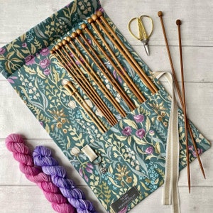 Knitting Needle Case with stitch marker ring and 7 pockets. Canvas knitting needle roll and organiser. Great knitting gift