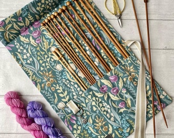 Floral Canvas Knitting Needle Case: Handmade Knitting Roll Organizer.