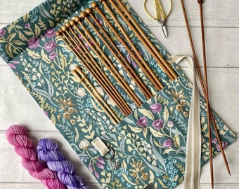 Knitting Needle Case with stitch marker ring and 7 pockets. Canvas knitting needle roll and organiser. Great knitting gift