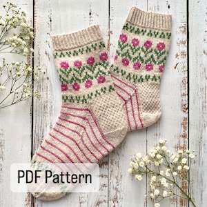 Spring Getaway Socks - PDF Knitting Pattern - Digital download. Sock knitting pattern, colour work knitting.