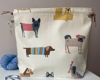 Dog print drawstring project bag, perfect for knitting, crochet, yarn and other crafts. Handmade cotton canvas bag.