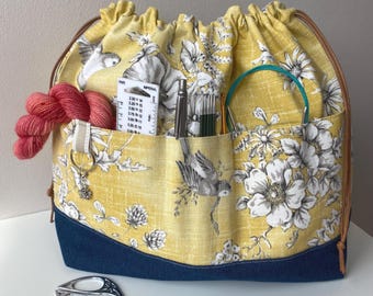 Cotton Canvas Project Bag: Large tote with a denim base and front pockets. Perfect for knitting and crocheting