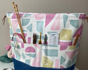 Large Cotton Canvas Drawstring Project Bag. 6 front pockets and denim base. Perfect for knitting, crochet, yarn and other crafts.