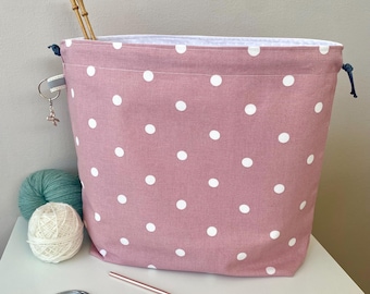 Handmade Polka Dot Cotton Canvas Knitting Project Bag with Stitch Marker