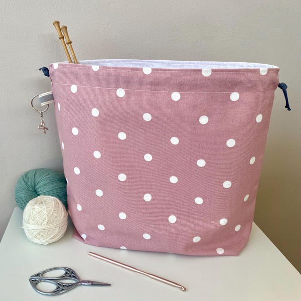 Bolsa para proyecto de tejido de lona de algodón con lunares hecha a mano y marcador de puntos