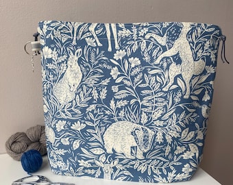 Forest  Print Cotton Project Bag, Handmade Yarn Craft Tote.