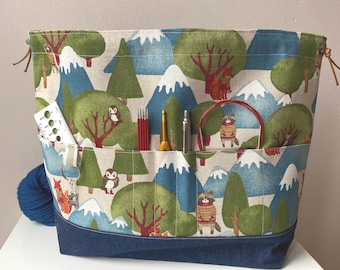 Woodland cosy animal print canvas project bag: Large tote with a denim base and front pockets. Perfect for knitting and crocheting