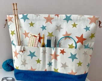 Large Cotton Canvas Star Drawstring Project Bag. 6 front pockets and sturdy denim base. Perfect for knitting, crochet, yarn & other crafts