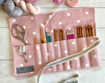 Spot Print Canvas Crochet Hook Roll or 6 inch DPN Needle Case: Handmade craft organiser.