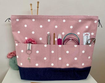 Large Cotton Canvas Spot Print Drawstring Project Bag. 6 front pockets and denim base. Perfect for knitting, crochet, yarn and other crafts.