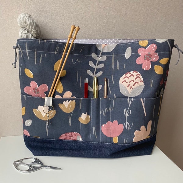 Large Cotton Canvas Drawstring Project Bag. 6 front pockets and sturdy denim base.  Perfect for knitting, crochet, yarn and other crafts.