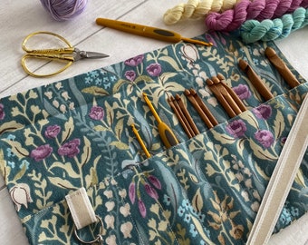 Crochet Hook Roll or 6” DPN Needle Case with stitch marker ring and 9 pockets. Perfect crafting gift