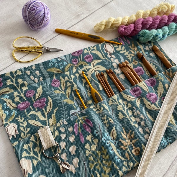 Crochet Hook Roll or 6” DPN Needle Case with stitch marker ring and 9 pockets. Perfect crafting gift