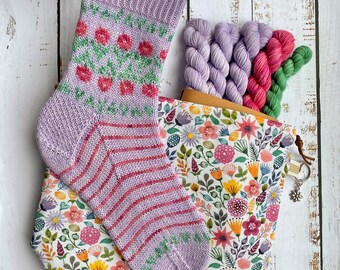 Spring Getaway Sock Kit - Knitting set including project bag, pattern and hand dyed yarn. Letterbox craft gift. Knitting gift set