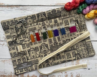 Crochet Hook Roll or DPNs (6”) Needle Case: Handmade canvas craft organiser.